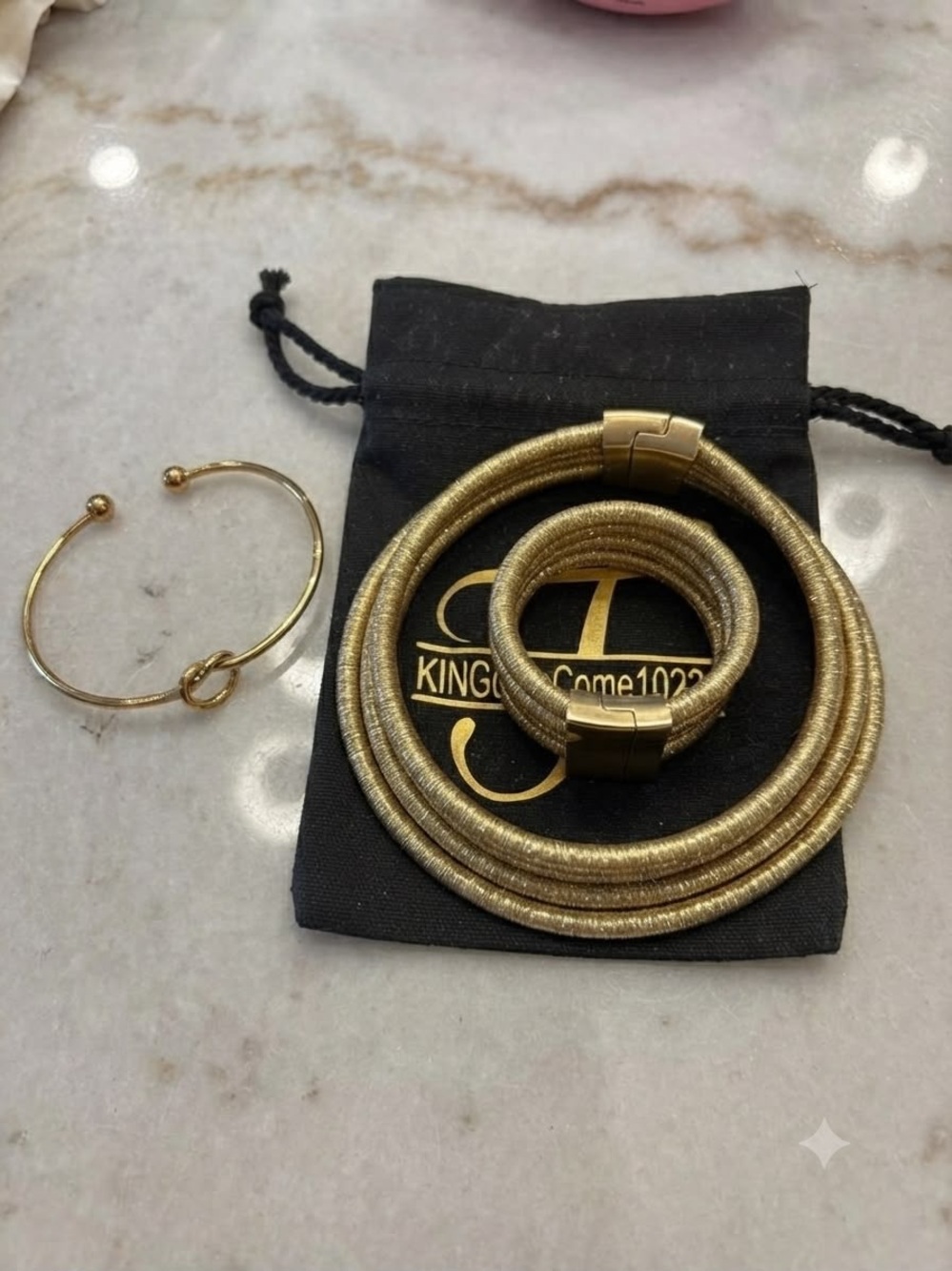 Gold Tone Multi Strand Necklace & Bracelet Set + Knot Cuff Fashion Jewelry #B32